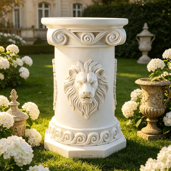17.7 Inch Lion Head Roman Column Pedestal, Weather Resistant Resin , Antique White Classical Sculptural Display Pillar, Indoor Outdoor Decorative Pedestal for Home Garden Patio Entryway Decor, Gift