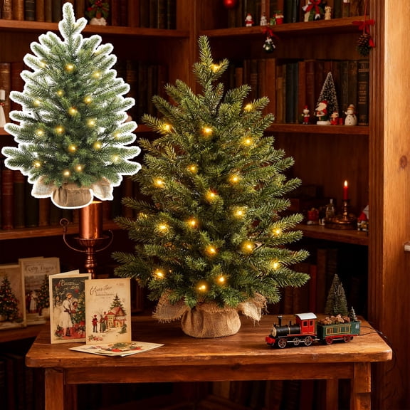 17.7 Inch Mini Christmas Tree with LED Lights, Pre-Lit Small Artificial Tabletop Xmas Tree for Home, Office Desk, Kitchen, and Dining Room Holiday Party Decorations