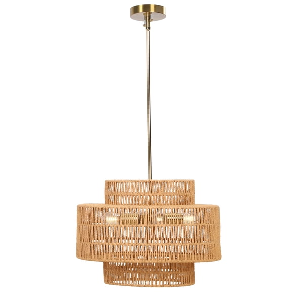 17.7 Inch Rattan Lampshade, 3-Tier Hand-Woven Boho Farmhouse Chandelier Pendant Light for Kitchen Island, Living Room, Bedroom