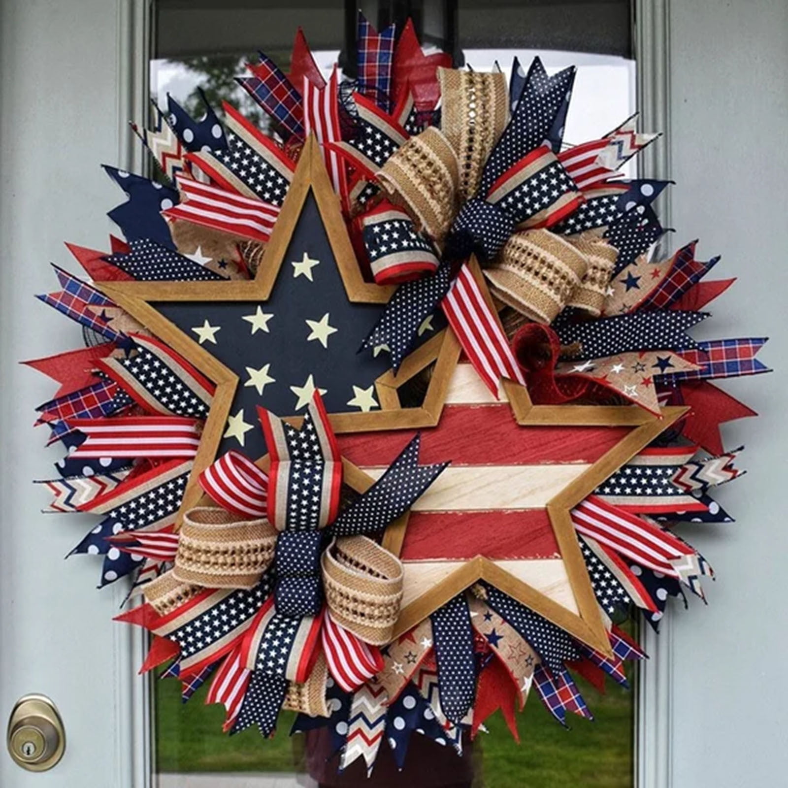 17.7 Inch Ribbon Independence Day Front Door Wreath Welcome Sign Door Hangers Anniversary Patriotic Wreath Red White and Blue 4th Of July Garland for Home Wall Porch