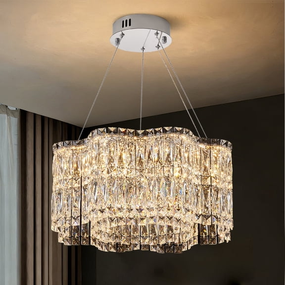 17.7 Inch Round Cylinder K9 Crystal Chandelier, 3 Color Dimmable LED Pendant Light, Modern Multi-Layer Crystal Lamp for Living Room Dining Table Kitchen Island Bedroom Luxury Home Decor