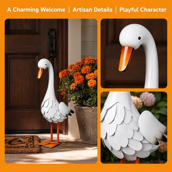 17.7 Inch Rust Proof Metal Front Porch Goose Statue, Farmhouse Yard Art Figure, Lifelike Pathway Accent for Walkway Garden Decor (Small)