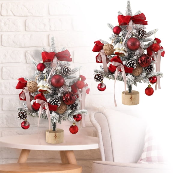 17.7 Inch Snow Flocked Mini Christmas Tree with Ornaments, Pre-Decorated Tabletop Artificial Tree for Holiday Decor, Desktop Xmas Centerpiece for Home Office