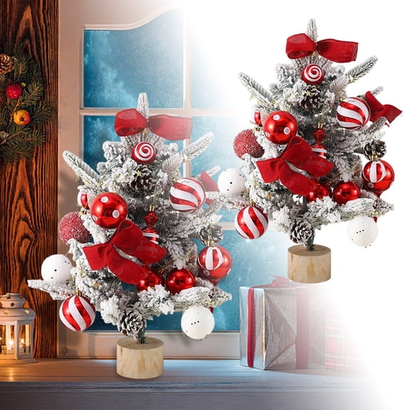 17.7 Inch Snow Flocked Mini Christmas Tree with Ornaments, Pre-Decorated Tabletop Artificial Tree for Holiday Decor, Desktop Xmas Centerpiece for Home Office