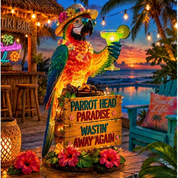 17.7 Inch Solar Parrot Garden Light, Wastin' Away Again Island Style LED Light, Mini Drink & Burger Props, All-Weather Decor for Patio and Backyard