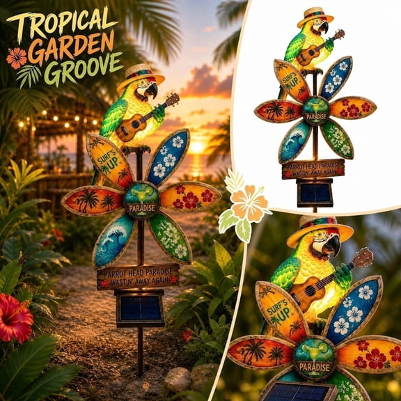 17.7 Inch Solar Parrot Garden Light, Wastin' Away Again Island Style LED Light, Step on the windmill, All-Weather Decor for Patio and Backyard