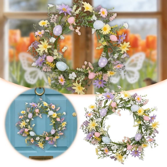 17.7 Inch Spring Easter Wreath, Artificial With Leaves Flowers And Eggs, Easter Eggs Wreath For Front Door Indoor Farmhouse Office Home Decor