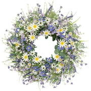 17.7-Inch Spring Wreaths for Front Doors Spring Door Wreath Summer Floral Wreath with White Sunflowers, Lavender, and Wildflowers For Indoor and Outdoor Home Decorations
