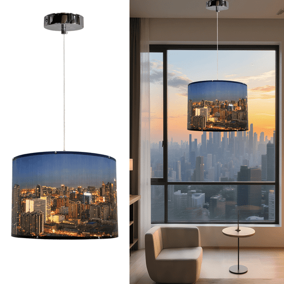 17.7 Inch Urban Night Cityscape Drum Pendant Light, E26 Adjustable Hanging Lamp, Customizable Photo Print Shade for Kitchen Island Dining Bedroom Hallway Office Home Decor