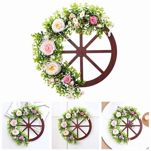 17.7 Inch Wagon Wheel Wreath for Front Door, Vintage Spring Summer Floral Wreath with Wooden Wheel, Rustic Farmhouse Decor for Wall and Window