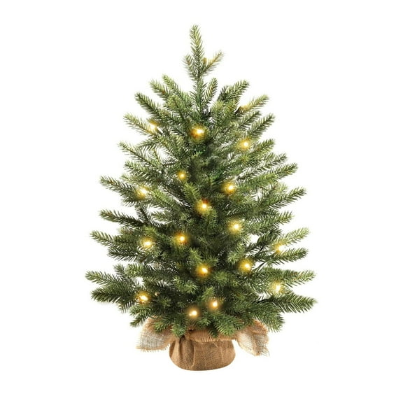 17.7" Pre-Lit Mini Christmas Tree, Small Artificial Xmas Tree with LED Lights, Burlap Base Greenery for Tabletop, Bedroom, Office, or Outdoor Decorations