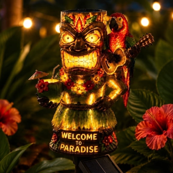 17.7'' Resin Solar Parrot Garden Light Ground Stake, Parrot Outdoor Solar Light Tiki Bar Tropical Design Yard Decor Lamp, Weatherproof Garden Light for Backyard, Pool Area, Deck