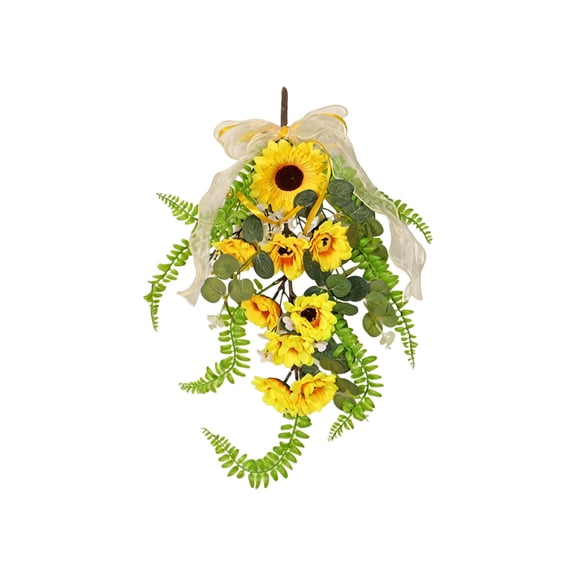 17.7" Spring Light-Up Sunflower Swag - LED Lights, Artificial Florals & Ferns Greenery, Seasonal Decor for Front Door, Mantel, Wall & Farmhouse Home Accents (A)