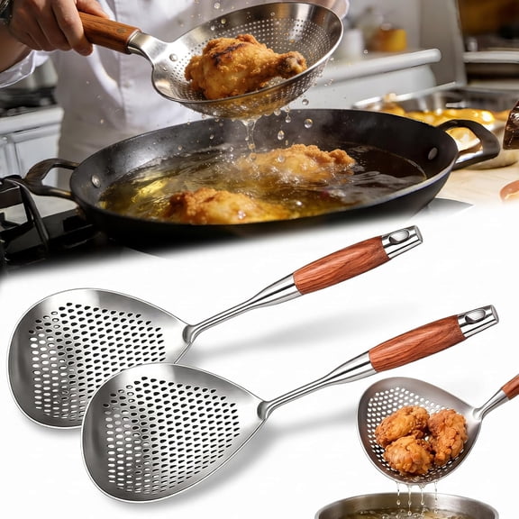 17.7" Stainless Steel Skimmer with Heat-Shield Pear Wood Handle | Rapid Oil Draining Slotted Spoon, Heavy Duty Spider Strainer Cooking Ladle for Commercial Kitchenware Accessories (2pcs)