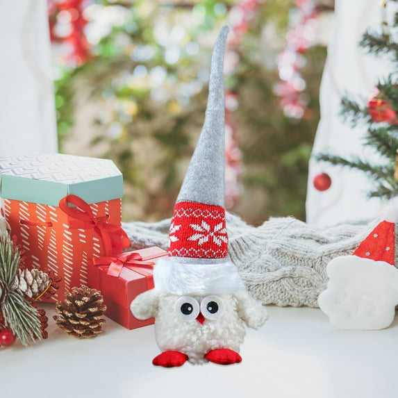 17.7" Tall Gray Owl Figurine with Pointed Hat - Bendable Holiday Desk Decor for Halloween & Christmas (Knitted) White