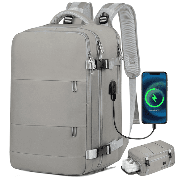 DAKOMM 17.7" Travel Backpack with USB Port & Shoe Compartment, TSA-Approved Laptop Carry On Backpack, Waterproof Large Casual Daypack Travel Bag for Women Men Weekender Trips, Business & Hiking, Gray