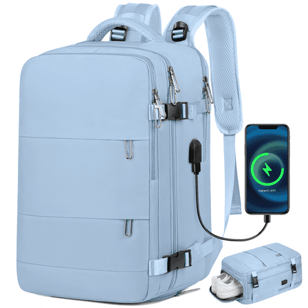 DAKOMM 17.7" Travel Backpack with USB Port & Shoe Compartment, TSA-Approved Laptop Carry On Backpack, Waterproof Large Casual Daypack Travel Bag for Women Men Weekender Trips, Business & Hiking, Blue