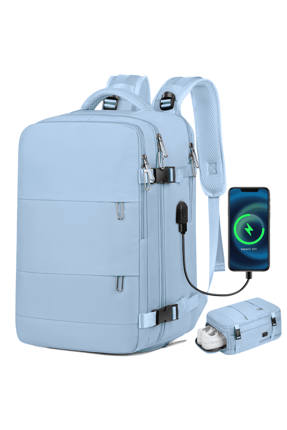 17.7" Travel Backpack with USB Port & Shoe Compartment, TSA-Approved Laptop Carry On Backpack, Waterproof Large Casual Daypack Travel Bag for Women Men Weekender Trips, Business & Hiking, Blue