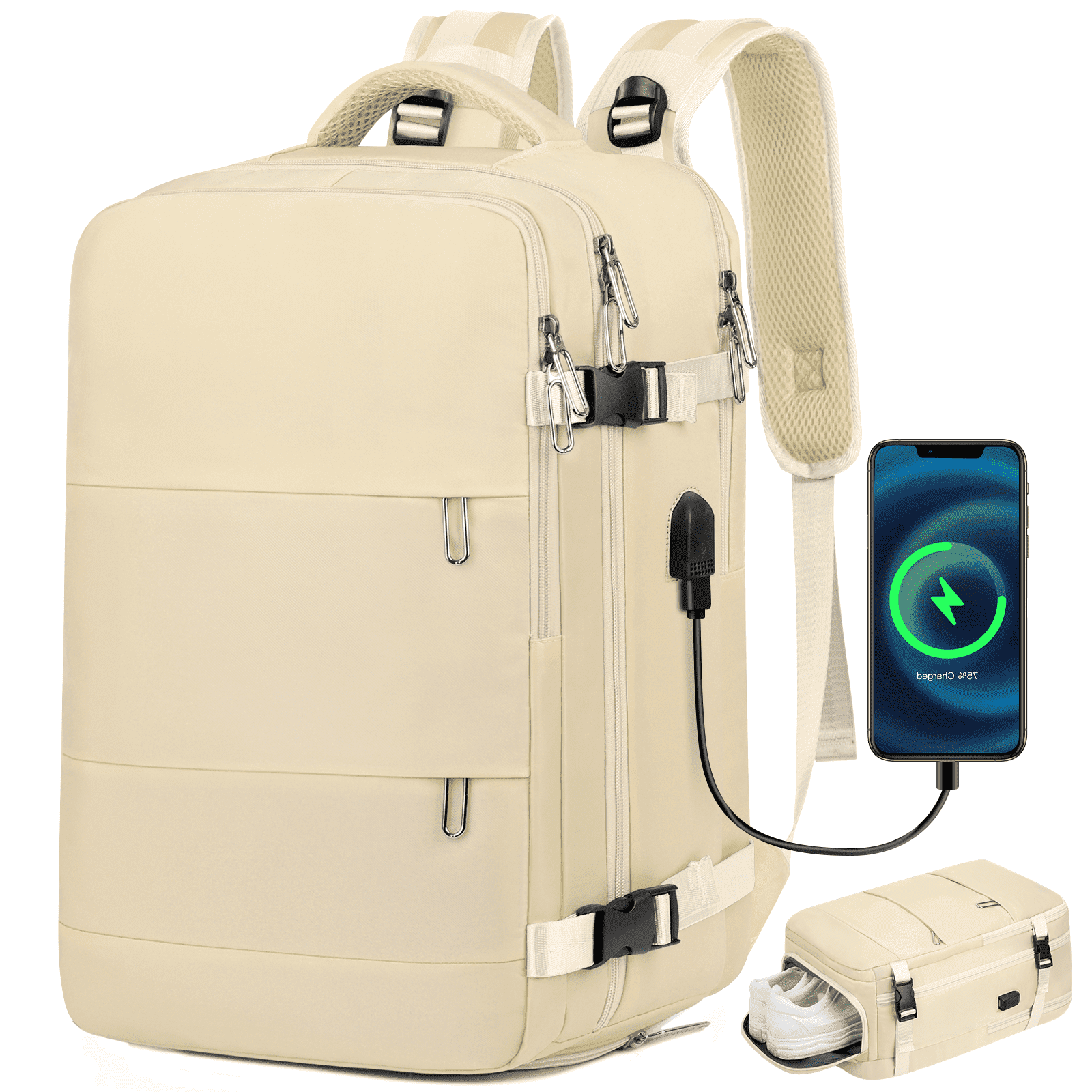 DAKOMM 17.7" Travel Backpack with USB Port & Shoe Compartment, TSA-Approved Laptop Carry On Backpack, Waterproof Large Daypack Travel Bag for Women Men Weekender Trips, Business & Hiking, Beige