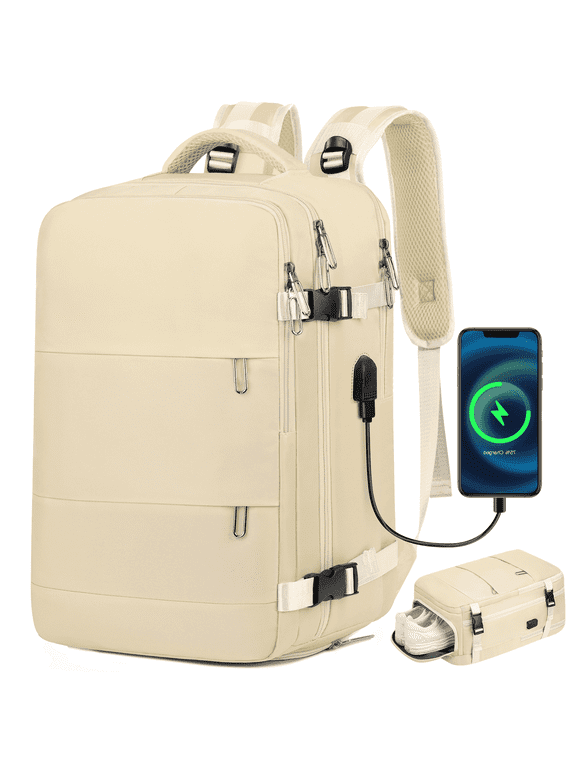17.7" Travel Backpack with USB Port & Shoe Compartment, TSA-Approved Laptop Carry On Backpack, Waterproof Large Daypack Travel Bag for Women Men Weekender Trips, Business & Hiking, Beige