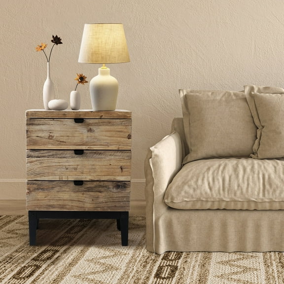 17.7"W Rustic Reclaimed Solid Wood Nightstand with 3 Drawers, Quick Assembly Farmhouse End Tables Bedside Table Almost Fully Assembled