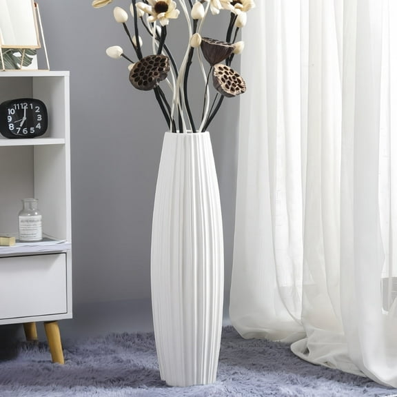 17.7" White Ceramic Tall Vase, Minimalist Floor Vase for Living Room and Office Decoration