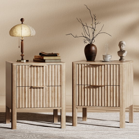 17.7" Wide Fluted Nightstand Set of 2 Modern Wood Bedside Table with 2 Drawers, Mid Century End Table for Bedroom Living Room Office, Oak