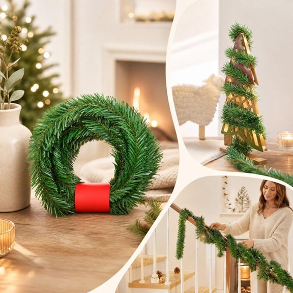 17.7 ft Christmas Tinsel Garland, Green Pull-String Holiday Garland for Stair Rail, Mantel, Doorway, Wreath, Tree & Indoor Xmas Decorations
