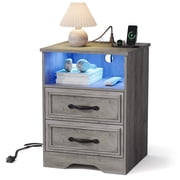 17.7 inch Wide Nightstand with Charging Station&LED , Bedside Table with Open Shelf, 2 Drawers Small Wood Dresser, End Side Table for Bedroom (Gray Wash)