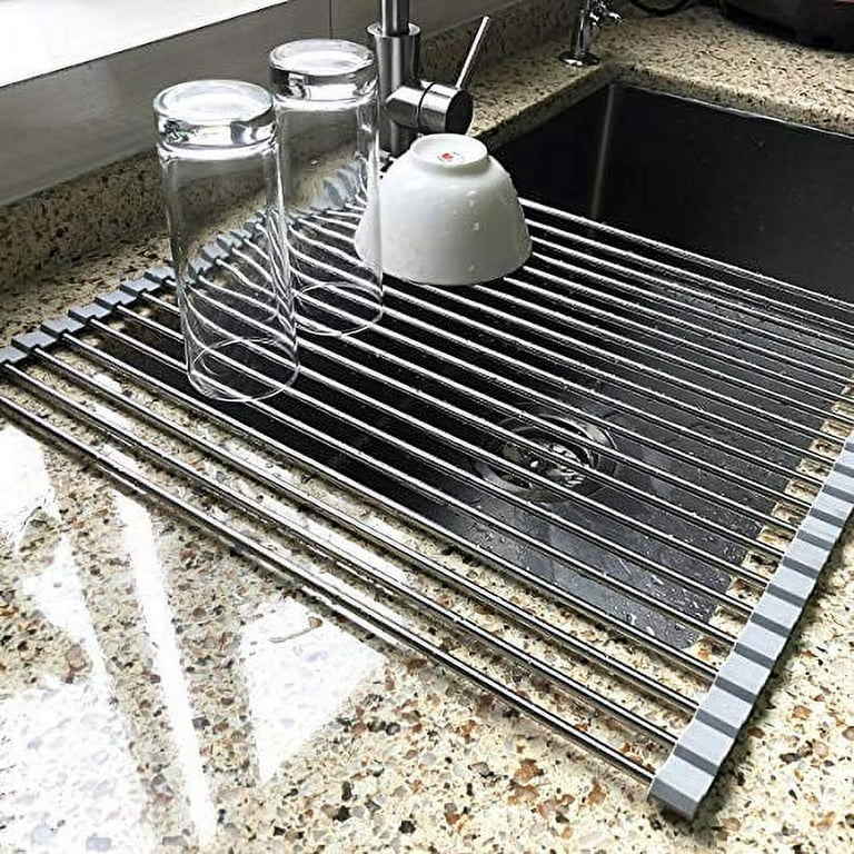 Dish Drying Rack, Kitchen Counter Dish Drainer Rack Auto-Drain, Expandable  (14.8 to 22.2 inch) Rustproof Aluminium Large Sink Dish Strainer with Dish