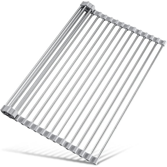 17.7" x 15.5" Roll Up Dish Drying Rack Over Sink Drying Rack Sink Cover Kitchen Sink Accessories Gadget Multipurpose Organizer Foldable Stainless Steel Drainer (Grey)