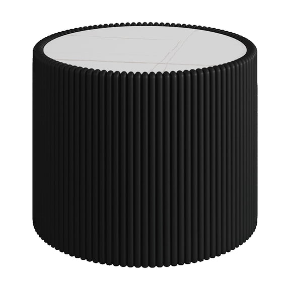 17.71" Black Round Coffee Table, Drum Coffee Table with Sintered Stone Tabletop and Fluted PU Leather Covered and Stable Base, Circle Cocktail Tea Table for Living Room