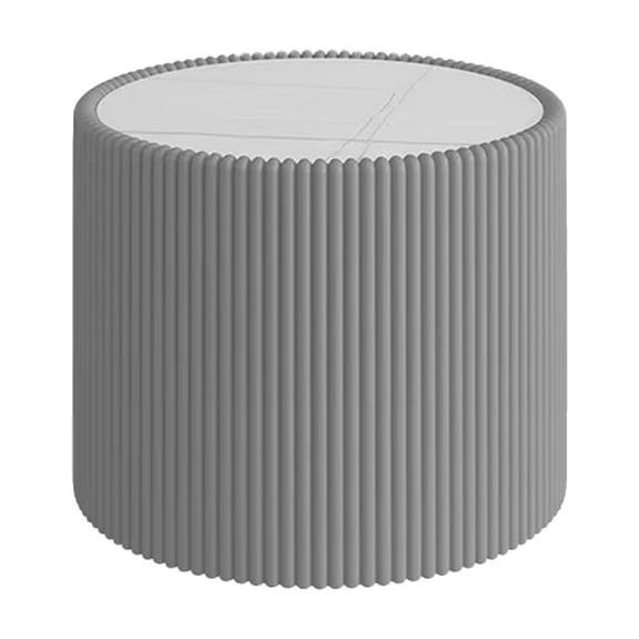17.71" Grey Round Coffee Table, Drum Coffee Table with Sintered Stone Tabletop and Fluted PU Leather Covered and Stable Base, Circle Cocktail Tea Table for Living Room