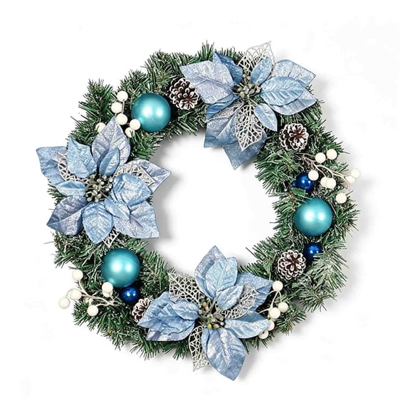 17.71 Inch Blue Frosted Christmas Front Door Wreath, Artificial Poinsettia Bauble Pinecone Winter Wreath, Farmhouse Fall Thanksgiving Xmas Wall Mantel Hanging Decor,Christmas Wreaths