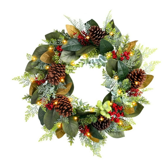 17.71 Inch Christmas Wreath with Light String for Front Door, Xmas Home Wall Windows Outdoor, Farmhouse Xmas Wreath Decorated with Pine Cones, Berries, Flowers and Balls Ornaments
