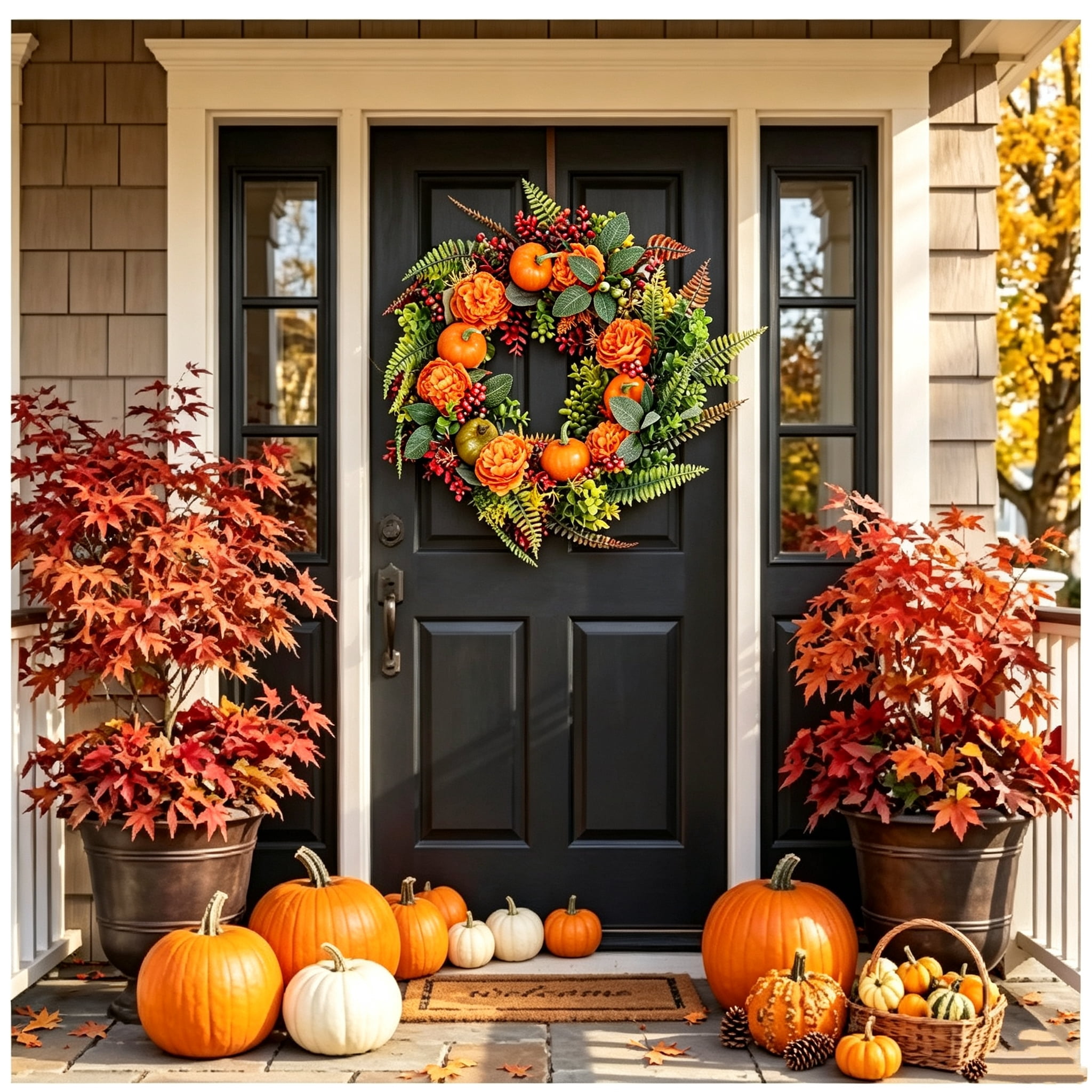 17.71 Inch Fall Artificial Wreath, PE Autumn Wreath with Pumpkins Berries and Leaves, Seasonal Hanging Ornament for Front Door Wall Window Thanksgiving Halloween Decor