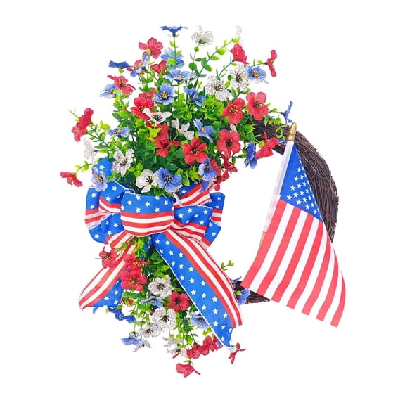 17.71" Patriotic Wreath for Front Door – UV Resistant Red White Blue Spring Summer Flowers Outdoor,250th Anniversary 4th of July American Flag Bow Wreath for Memorial Day Independence Day Home Decor