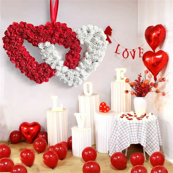 17.71 inch Heart-Shaped Artificial Rose Wreath – Red & White Silk Floral Garland for Valentine's Day/Wedding Decor