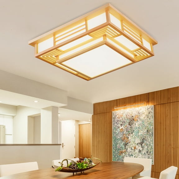 17.72*17.72 LED Wood Square Tatami Ceiling Light Fixture Chinese Japanese Grid Lamp w/Remote