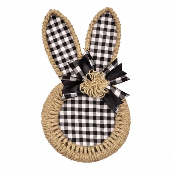 17.72'' Easter Bunny Head Wreath, Jute Woven Buffalo Plaid Door Hanger for Indoor Outdoor Easter Home Decor