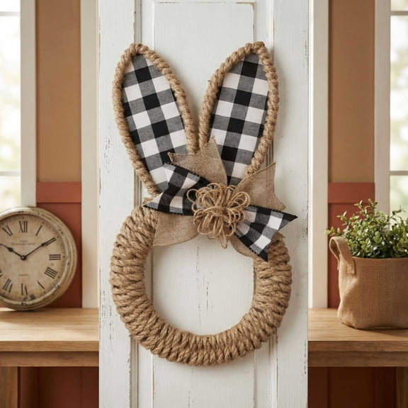 17.72'' Easter Bunny Wreath, Jute Woven Rabbit Ear Door Hanger with Buffalo Plaid Accents for Easter Decor