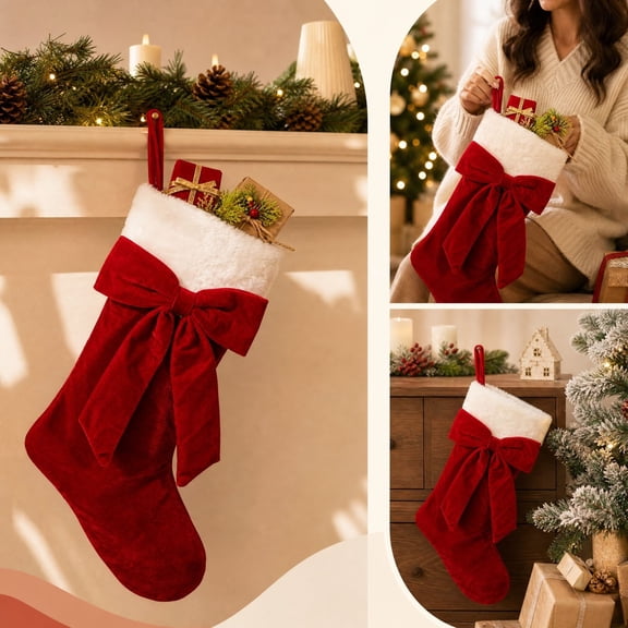 17.72-Inch Christmas Stocking Bag, Hanging Gift Stocking, Oversized Stocking Form with a Large Decorative Bow for Mantels, Soft Fabric with a Hanging Loop and Roomy Body with Seasonal