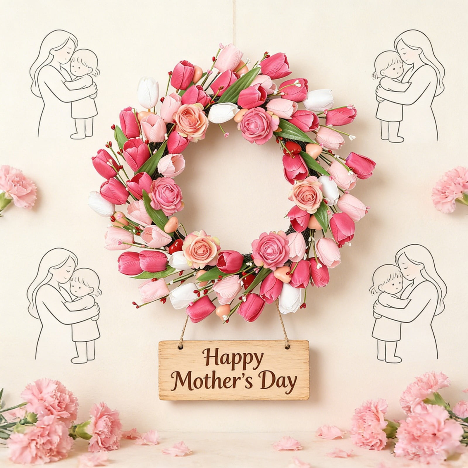 17.72 Inch Mother's Day Front Door Wreath with Artificial Flowers ...