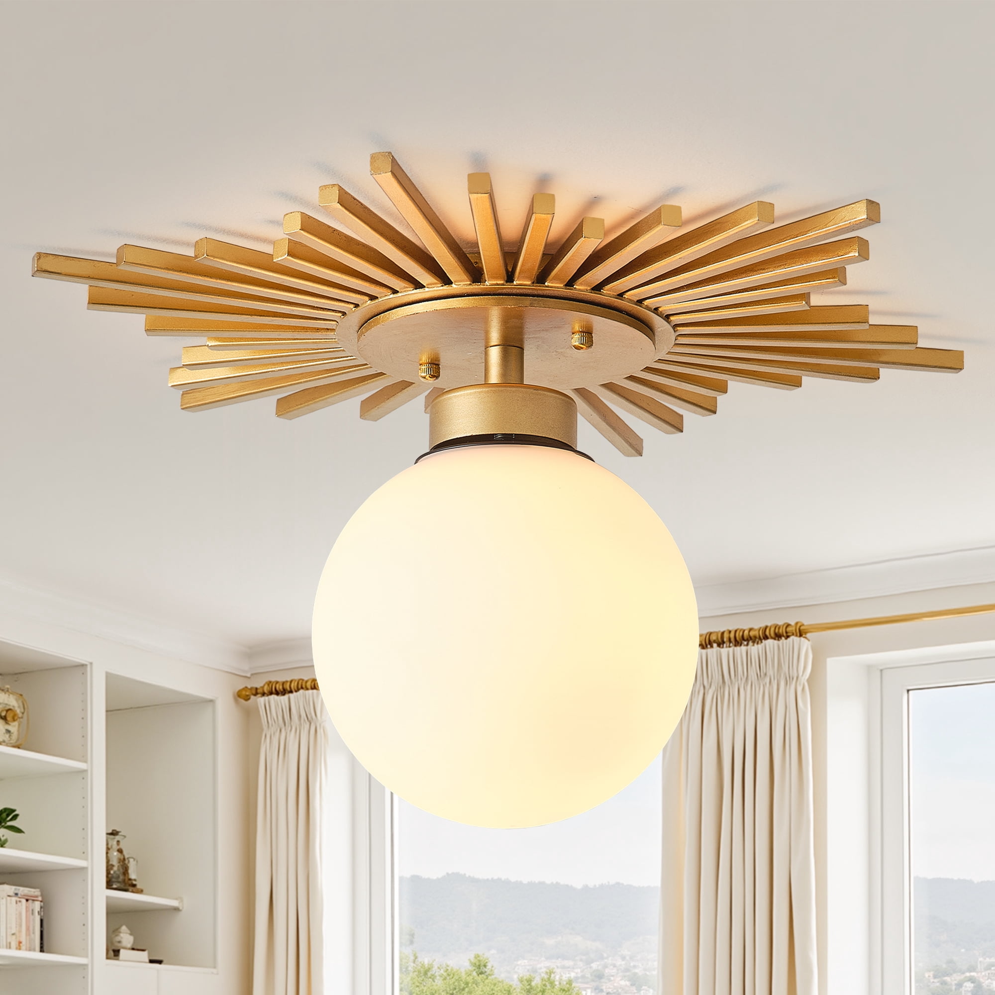 18" Modern Gold Glass Semi Flush Mount Globe Ceiling Light for Living Room, Bedroom, Hallway