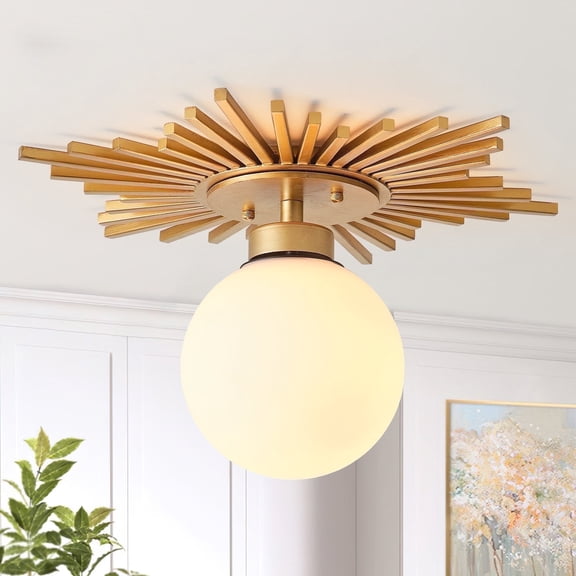 18" Modern Gold Glass Semi Flush Mount Globe Ceiling Light for Living Room, Bedroom, Hallway