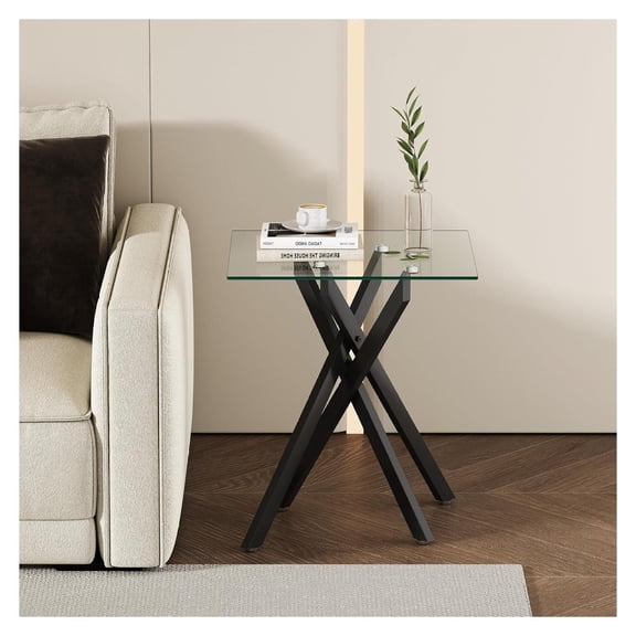 17.72" Square Clear Tempered Glass End Table with Tempered Glass Top, Modern Style Stylish Design Glass Side Table with Black Metal Legs, Square Side Table for Living Room (Black, 1Pcs)