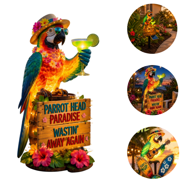 17.72" Tropical Parrot Solar Garden Statue, Margaritaville Inspired Parrot Head Paradise Wine Barrel Decor with Glowing Margarita Glass & Sunglasses, Patio Tiki Bar Art