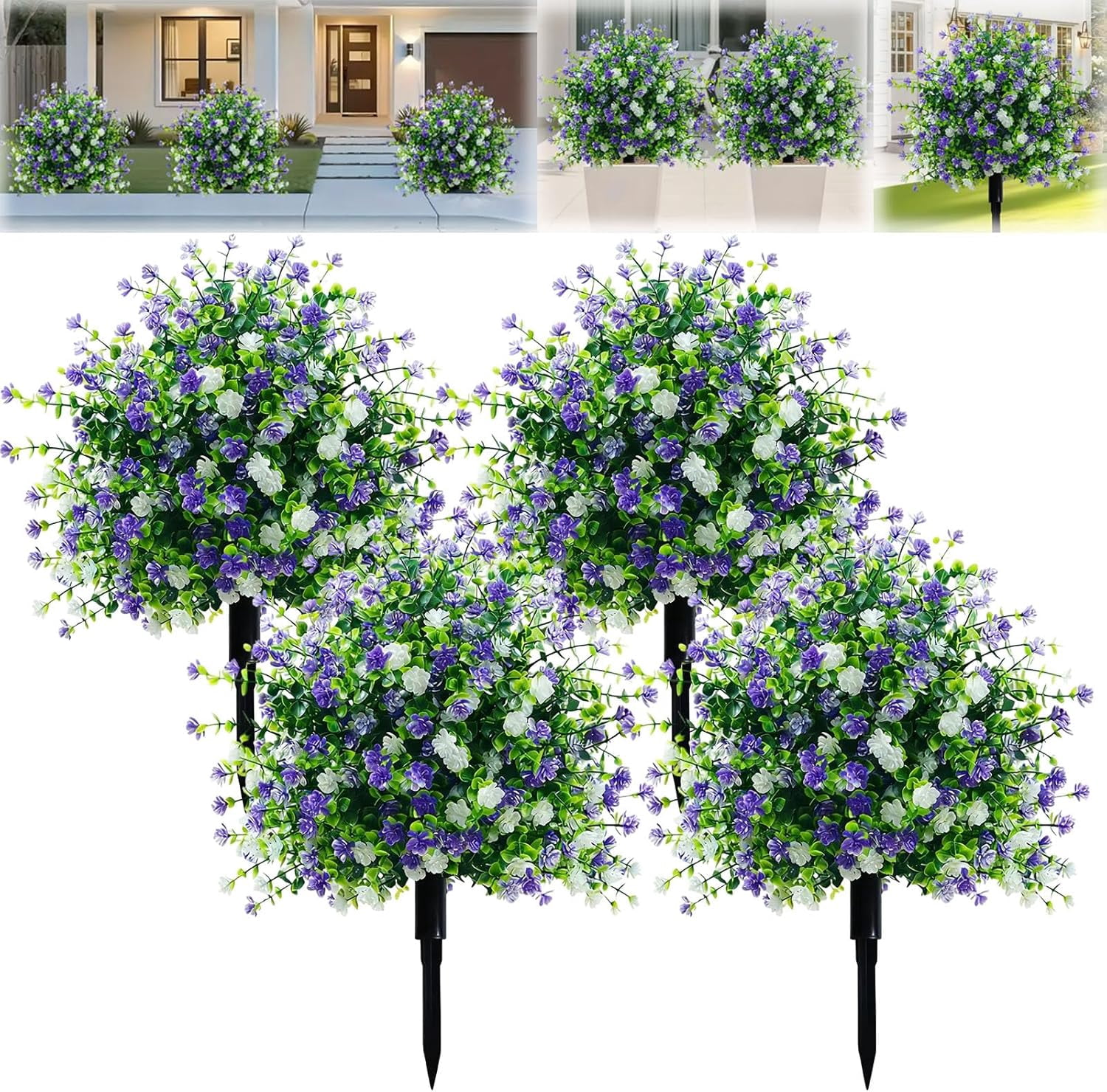 17.72 inches Artificial Potted Trees with Ground Stakes, UV-Resistant Artificial Flowers for Outdoors with Stakes, Indoor & Outdoor Decoration Decoratio, Home Garden Wedding Settings (4pcs)