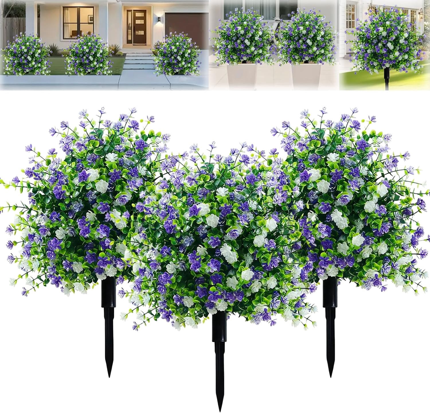 17.72 inches Artificial Potted Trees with Ground Stakes, UV-Resistant Artificial Flowers for Outdoors with Stakes, Indoor & Outdoor Decoration Decoratio, Home Garden Wedding Settings (3pcs)