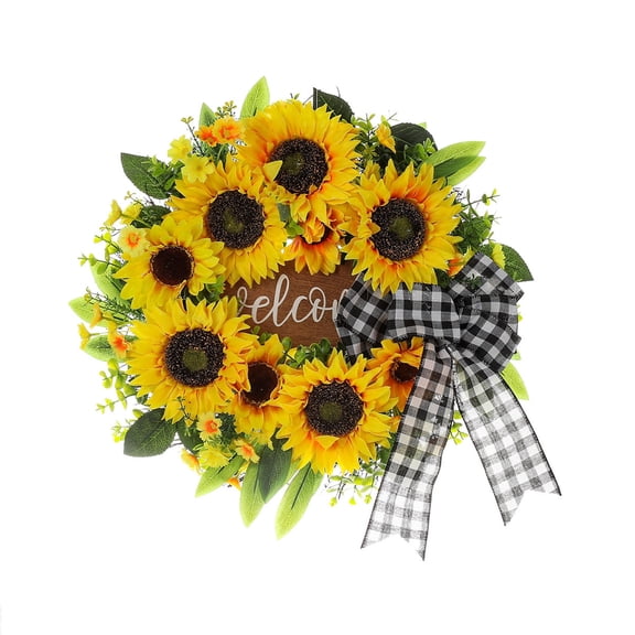 17.72in Bow Knot Sunflower Wooden Flower Wreath Spring And Summer Season Door Hanging Flower Wreath Front Door Courtyard Home Decoration